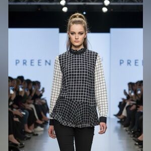 Preen line high ruffle neck asymmetrical hem grid print blouse small